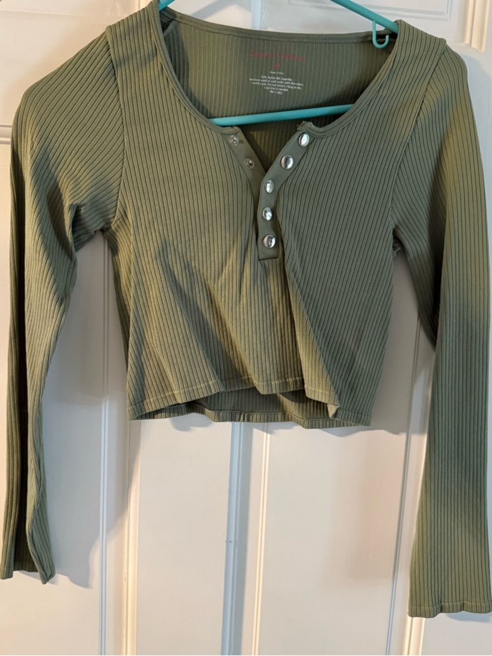 Olive Green Ribbed Henley Long-Sleeve Crop Top